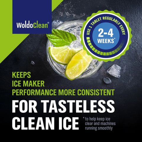 Ice Machine Cleaner Tablets 20 Count 2in1 Descaler And Cleaner Pro Grade Extra Strength 16g Dual Action For Countertop Nugget Portable And Commercial Ice Makers Nickel Safe, WoldoClean label