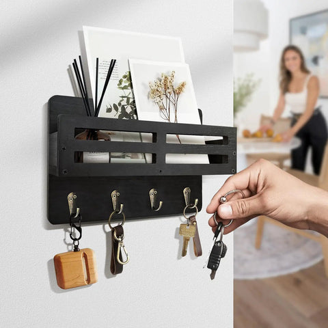 Straight Up Solid Wood Wall Key Holder 10 Inch Decorative Mail Organizer With Four Heavy Duty Hooks For Effortless Entryway Setup And No Sweat Home Organization Black