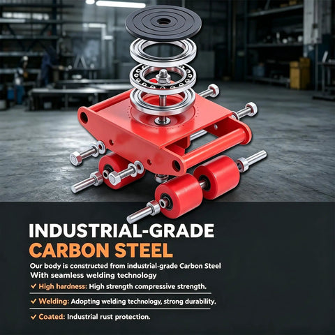 Heavy Duty 4PCS Machine Skates For Big Rig Moves. 8 Ton Capacity Dolly Wheels made of carbon steel in a workshop.