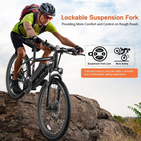 Cyclist on Beast Electric Bike For Adults 27.5 Inch 500W Ebike with Lockable Suspension Fork on rocky terrain