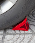 Beefy Foldable Steel Wheel Chocks Pair, Heavy Duty Red Tire Stops, Heat Treated Drop Forged For Maximum Strength, under vehicle tire