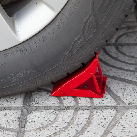 Beefy Foldable Steel Wheel Chocks Pair, Heavy Duty Red Tire Stops, Heat Treated Drop Forged For Maximum Strength, under vehicle tire