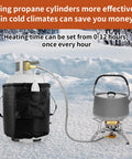 Propane Tank Warmer Blanket With Temperature Controller And Timer For Outdoor Use, Heats 86 To 141 Degrees Fahrenheit, Flexible Belt Fits 5 To 40 Lb Propane Tanks, Keeps Your Gas Flow Smooth For Camping Grilling And Worksites Black installed on propane tank in snowy landscape next to cooking pot on burner.