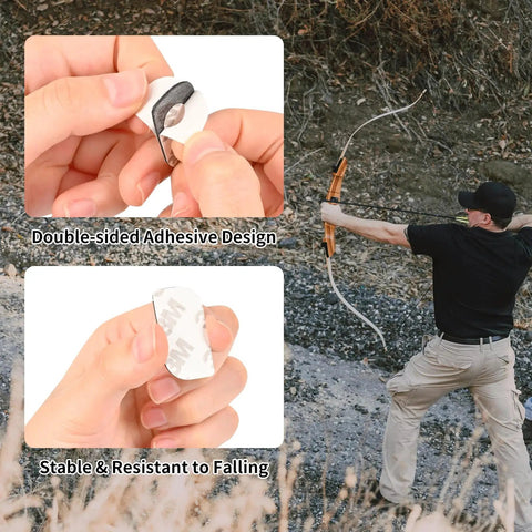 Close-up of Magnetic Recurve Bow Arrow Rest Set adhesive backing; right-handed hunter using recurve bow outdoors.
