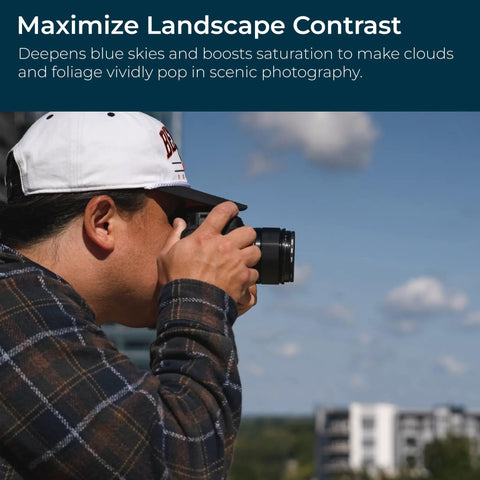 Person using 58mm UV Haze Lens Filter for DSLR and Mirrorless Cameras, capturing landscape for clear color accurate sharp images.