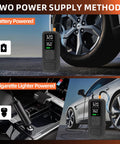 Y34 Portable Tire Inflator Air Compressor With Digital Pressure Gauge 150 PSI Cordless 6000mAh 12V showing power options
