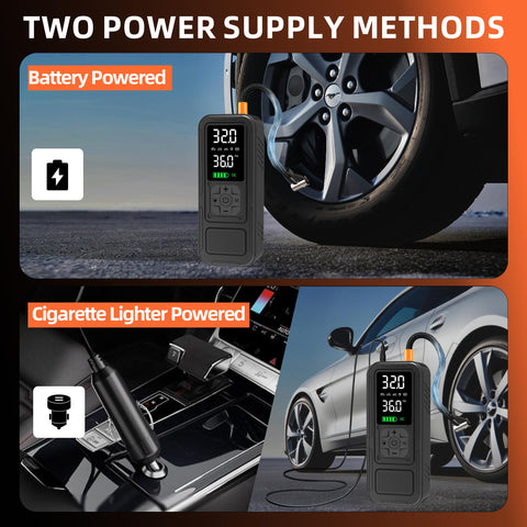 Portable Tire Inflator Air Compressor With Digital Pressure Gauge And LED Light in use with battery and car features