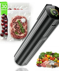 Portable Handheld Vacuum Sealer With LED Pressure Display and sealed food bags, showcasing 30 reusable bags, 5x freshness.