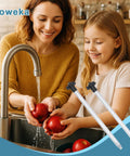 Woman and child washing apples with 2 Pack UV Water Purification Lamp Bulb 43W 4 Pin For Trojan Max C C4 D Plus D4 Plus IHS12 D4 Systems visible