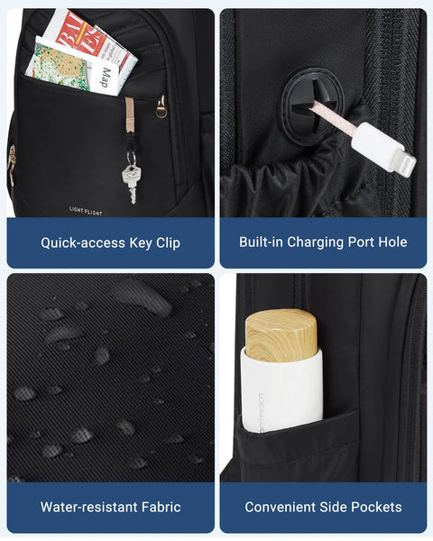 Close-up of Travel Backpack For Women With 15.6 Inch Laptop Compartment And USB Charging Port showing features like key clip and fabric.