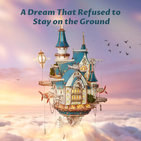 3D Wooden Puzzle Steam Castle Model With Floating Baroque Design For Steampunk Lovers, DIY Building Kit With Creative Lighting, Fantasy Castle Display For Collectors And Fantasy Fans. Lit blue-and-gold castle model with tower and cloud backdrop