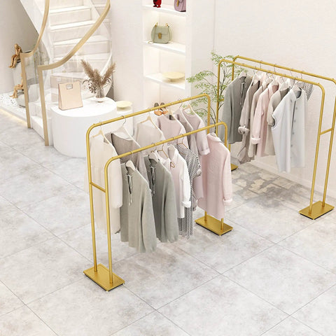 Beefy Double Pole Clothes Rack Heavy Duty Metal Coat Display Stand Gold Floor Standing Drying Rack For Clothing Shop 150cm