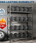 Beefy 5 Tier Metal Garage Storage Shelving Unit, 36 Inch Wide, Adjustable Shelves, Heavy Duty Steel, Up To 2200 Lbs Total Capacity, Ideal Tool Organizer For Home Garage, Workshop, And Storage. 5-tier wheel storage rack with 440 lb per shelf