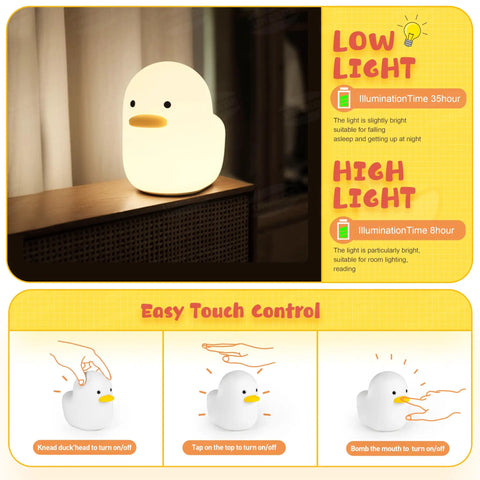 Cute Duck Night Light For Nursery And Bedroom, Rechargeable Silicone Baby Lamp with touch controls on bedside table