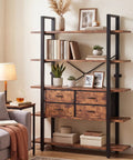 Industrial 5-Tier Bookshelf With Open Storage And Four Drawers, sturdy metal frame with decor, books, and collectibles displayed