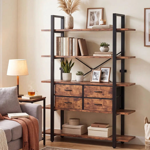 Industrial 5-Tier Bookshelf With Open Storage And Four Drawers, sturdy metal frame with decor, books, and collectibles displayed