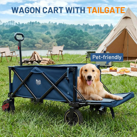 Extra Long Folding Wagon With Tailgate And Brakes For Easy Haul, blue cart with pet on grassy field, camping setup in background.