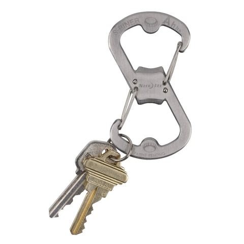Dual Bottle Opener And SBiner Carabiner Combo in stainless steel with keys attached, showcasing versatile use for camping and hiking.