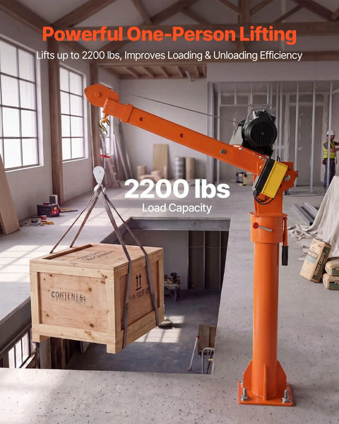 VEVOR 2200 Lbs Electric Pickup Truck Crane With Hoist & Wireless Remote, 360 Rotating Telescopic Boom lifting a wooden crate.