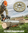 Beefy Metal Chainsaw Gear For 4 To 8 Inch Saws, Smooth Power Transmission Replacement Part For Cordless Electric Chainsaws And Battery Tools, Perfect For Pruning, Firewood, And DIY Landscaping Pros. 4-8 inch metal chainsaw gear with worker using saw for wood cutting