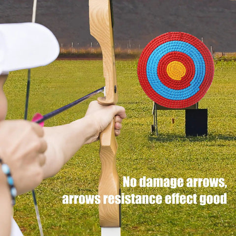 Traditional Handcrafted Straw Archery Target For Outdoor Practice 5 Layer Option with recurve bow aiming at the target