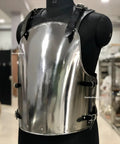 Medieval Steel Merc Cuirass 18 Gauge Body Armor for Larp and Cosplay with adjustable leather backplate on display stand