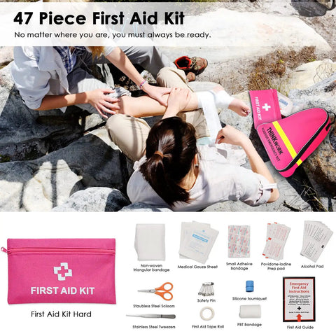 Pink Car Emergency Kit For Women And Teens With 10 Ft Jumper Cables, First Aid Kit, LED Flare, Deer Whistles, roadside help essentials