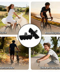 All Weather Road Bike Caliper Brake Pads 4 Piece Set with mud drain slots, center image, surrounded by various bicycle types.