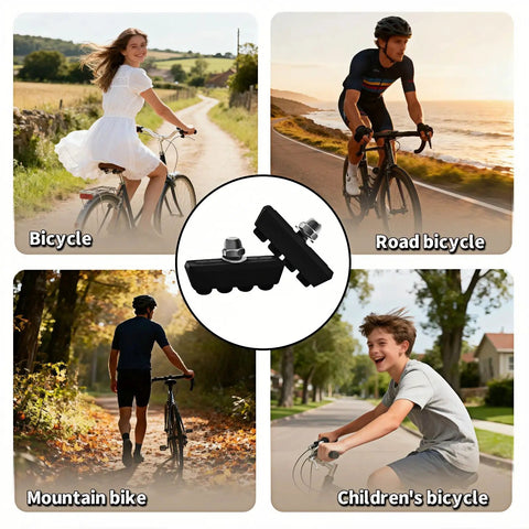 All Weather Road Bike Caliper Brake Pads 4 Piece Set with mud drain slots, center image, surrounded by various bicycle types.