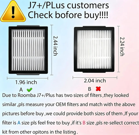 Comparison of two HEPA filters for vacuum, one 1.96x2.44 inches, the other 2.04x2.24 inches. Note for J7+/Plus buyers.