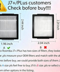 Comparison of two HEPA filters for Roomba J7+ showing size differences with caution note, part of All In One Replacement Kit.