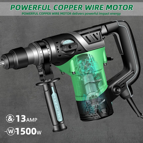 4 Function Electric Rotary Hammer Drill Corded 1-1/4 Inch 13 Amp 1500W Heavy Duty Tile Removal And Cement Breaker Tool with motor