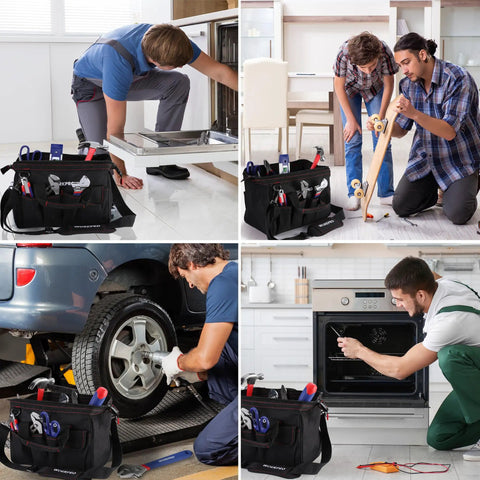 Rugged 12 Inch Close Top Wide Mouth Tool Bag With Double 500D Polyester used in various repair settings, showcasing versatility.
