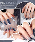 Manicured nails with Ombre Pat Painting Gel And Nail Art Kit, Two Color Grey Blue And Glitter Blue, holding glass