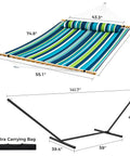 Two Person Quilted Outdoor Hammock With Stand Detachable Pillow And Bamboo Spreaders Portable Hammock With Carrying Bag Heavy Duty Frame Perfect For Yard Patio Or Outdoor Chill Dark Cyan, shown with dimensions and carrying bag.