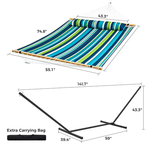 Two Person Quilted Outdoor Hammock With Stand Detachable Pillow And Bamboo Spreaders Portable Hammock With Carrying Bag Heavy Duty Frame Perfect For Yard Patio Or Outdoor Chill Dark Cyan, shown with dimensions and carrying bag.