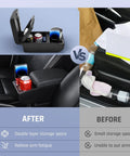 Comparison of before and after installation of Mitsubishi Mirage 2014-2024 Armrest Box Center Console Organizer with dual-layer storage.