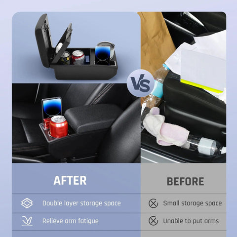 Comparison of before and after installation of Mitsubishi Mirage 2014-2024 Armrest Box Center Console Organizer with dual-layer storage.