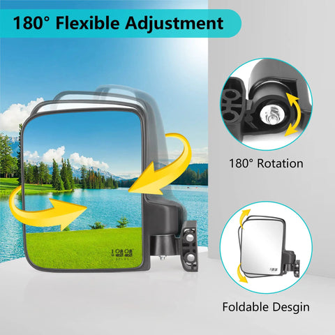 Universal No Drill Golf Cart Side Mirror Set With Folding Design 180 Degree Adjustable HD Glass Fits EZGO Yamaha Club Car