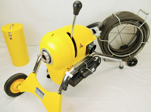 Heavy Duty Sectional Pipe Drain Cleaner With A Powerful 1.5 Hp Motor And 110V Setup, yellow machine with cable.