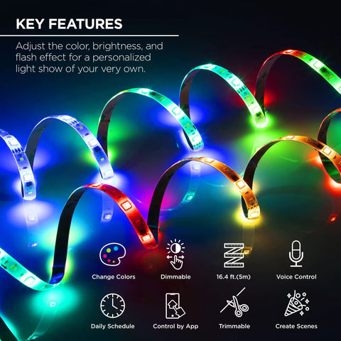 Indoor Outdoor RGBIC Smart WiFi LED Strip With Voice Control And Music Sync, 16.4 Feet, glowing multi-color light display