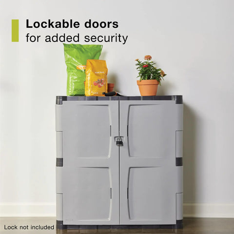 Durable Freestanding Storage Cabinet With Doors 18 Inch Depth 36 Inch Width 37 Inch Height Two Shelf Lockable Resin Cabinet For Indoor Outdoor Garage Storage Of Garden Tools And Lawn Care Accessories