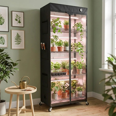 Mini Indoor Greenhouse With 18W T8 Grow Lights And Digital Thermo Hygrometer, 27 By 15 By 70 Inches Smart Grow Tent In Black Oxford Cover