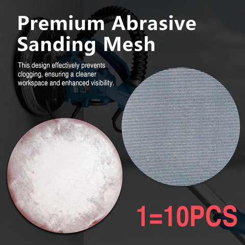 Close-up of mesh sanding disc and random orbital sander with Dust Free Pro Grade 25 Pack 9 Inch Mesh Sanding Discs Set text overlay