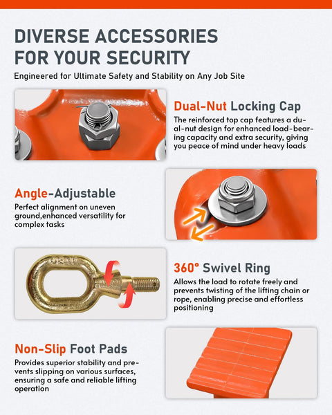 Diverse accessories for security, featuring angle-adjustable swivel ring and non-slip foot pads for industrial-grade tripod set.