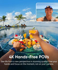 Man using Tiny 4K Vlogging Cam With 128 GB White for hands-free POV, capturing breakfast on water in tropical resort.