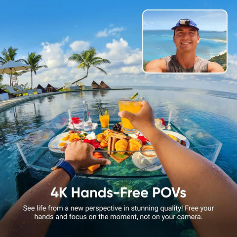 Man using Tiny 4K Vlogging Cam With 128 GB White for hands-free POV, capturing breakfast on water in tropical resort.