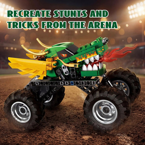Monster Dragon Truck Building Kit For Kids Green, Kid-Approved DIY Construction Toy Set For Boys And Girls, Imagination-Driven Play, Hands-On STEM Construction, Durable Buildable Truck With Endless Creative Options, green dragon truck with large tires
