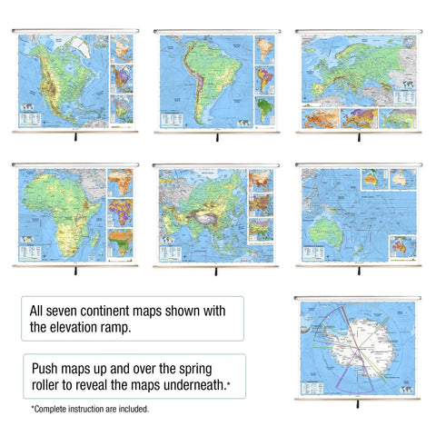 7 Continent Advanced Physical Classroom Pull-Down Map Set For Grades 9 And Up with elevation ramps and city features