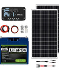 200W 12V Solar Power Kit with LiFePO4 Battery, 20A PWM Charge Controller, two mono crystalline rigid panels, cables
